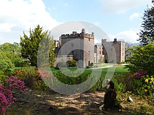 The towers of Muncaster Castle in the gardens