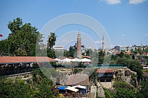 Towers overlooking historic old town of Kaleici Antalya Turkey
