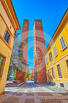 Towers on Piazza Leonardo da Vinci are one of the most famous medieval landmarks of Pavia, Italy