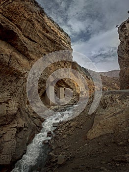 Towers in the rock on the road Grozny - Itum-Kali, the Chechen Republic Chechnya, Russia