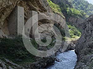 Towers in the rock on the road Grozny - Itum-Kali, the Chechen Republic Chechnya, Russia