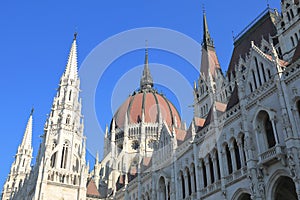 Towers and roof of old building of Hungarian Parliament in Budapest