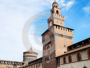 Towers of Sforza Castle in Milan city