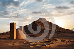 Towers of silence at sunset. Iran. The historical site of ancient Persia.