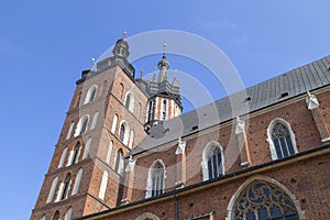 Towers of St. Mary`s Basilica on Main Market Square, Krakow, Poland