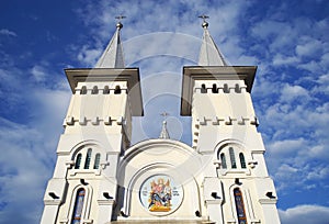 The towers of St. Nicholas Orthodox Church in Baia Mare, Maramures County, Romania.