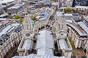 Towers of St. Paul\'s cathedral seen from dome, London, UK