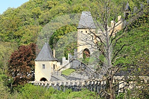 Towers and walls of Castle Karlstejn in Czech Republic