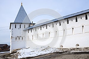 Towers, walls and fence of the Nikitsky monastery. Pereslavl Zalessky. Golden ring of Russia. Yaroslavl region.