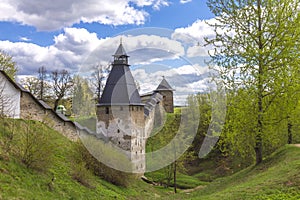 Towers and walls of the Pskovo-Pechersky Dormition Monastery