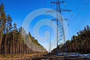 Towers with wires for high-voltage power transmission lines