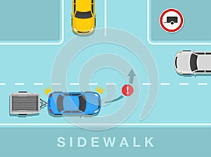 Towing caravan or trailer blue sedan car is about to turn on the road. No trailers traffic or road sign rule.