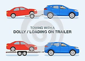Towing an open car hauler trailer with vehicle on it. Side view of a red sedan car and blue suv car. Types of trailers.