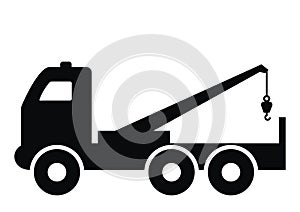 Towing service, truck with crane, black vector icon