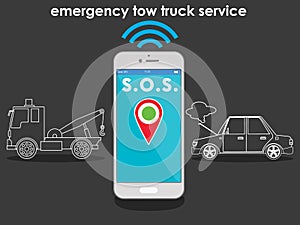 Towing truck side view on smartphone On location apps.
