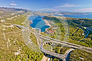 Town of Bakar in Kvarner bay aerial view above highway