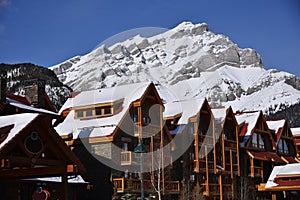 Town of Banff in Banff National Park with giant mountain in the backdrop. This is Canada& x27;s oldest national park