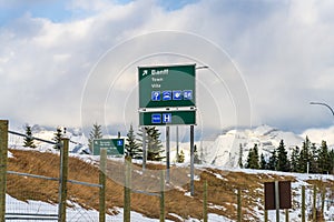 Town of Banff road sign. Trans-Canada Highway exit. Banff National Park