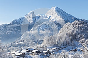 Town of Berchtesgaden with Watzmann in winter, Bavaria, Germany