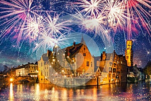 The town of Bruges Belgium with fireworks photo