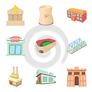 Town building icons set, cartoon style