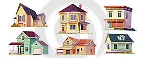 Town building mega set in cartoon graphic design. Bundle elements of different types of suburban houses, bungalow and cottages,