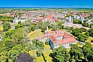 Town of Cakovec rooftops and green park aerial view