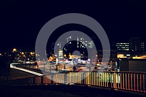 Town center of Barnsley with illuminated buildings, UK