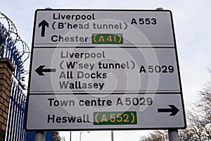 Town centre road sign with directions Birkenhead Wirral January 2020