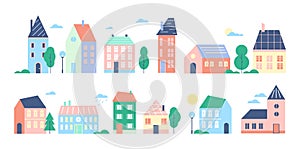 Town or city houses vector illustration set, cartoon flat cute colorful urban cityscape collection of modern retro