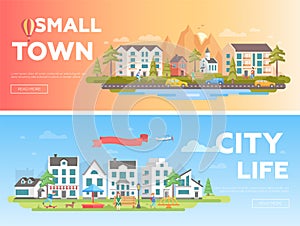 Town and city - set of modern flat vector illustrations