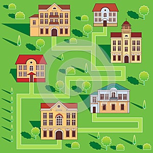 Town With Colorful Houses. Seamless Pattern. Vector Cartoon Illustration On A Green Background.