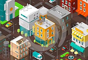 Town district street. Isometric road Intersection. High detail city projection view. Cars end buildings top view. Shop