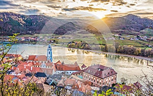 Town of DÃ¼rnstein in Wachau Valley at sunset, Lower Austria, Austria