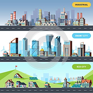 Town flat. Ecology industrial smart city architectural objects different buildings factory vector horizontal