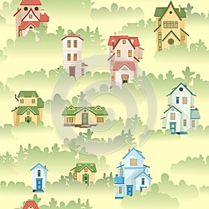 A town in the fog. Seamless illustration with cartoon village or city houses. Day. Nice cozy private residence in