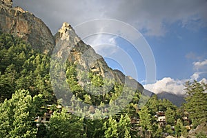 Town of gangotri amidst himalayan forest and majestic cliffs