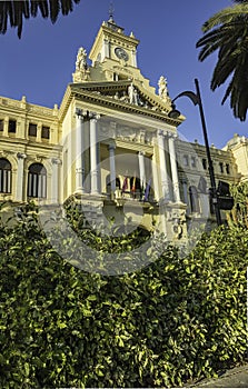 Town Hall Ayuntamiento in city of Malaga at sunset.