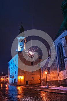 Town hall in Banska Stiavnica town during winter evening