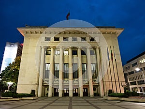 Town Hall building at night in the central square of Burgas, Bulgaria