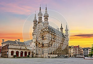 Town Hall in center of Leuven at sunset, Belgium