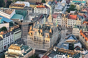 Town Hall and the City Center of Liberec. on aerial shot photo