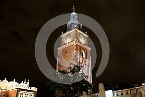 Town Hall Clock Tower at the Main Market Square, night view, Krakow, Poland