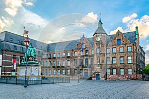 Town hall in Dusseldorf and statue of an Wellem, Germany