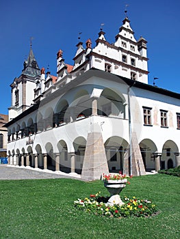 Town hall and flowers in Levoca, Slovakia