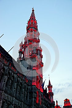 Town Hall illuminated at nigh at the Grand Place, Brussels, Belgium