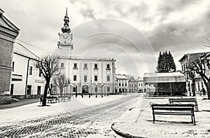 Town hall in main square, Kezmarok, Slovakia, colorless