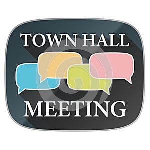 TOWN HALL MEETING label or symbol with colorful speech bubbles