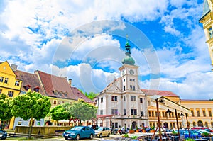 The Town Hall Mestska Radnice baroque style and colorful traditional typical buildings at Marketplace square of Loket town