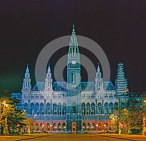 Town Hall, at night in Vienna, Austria